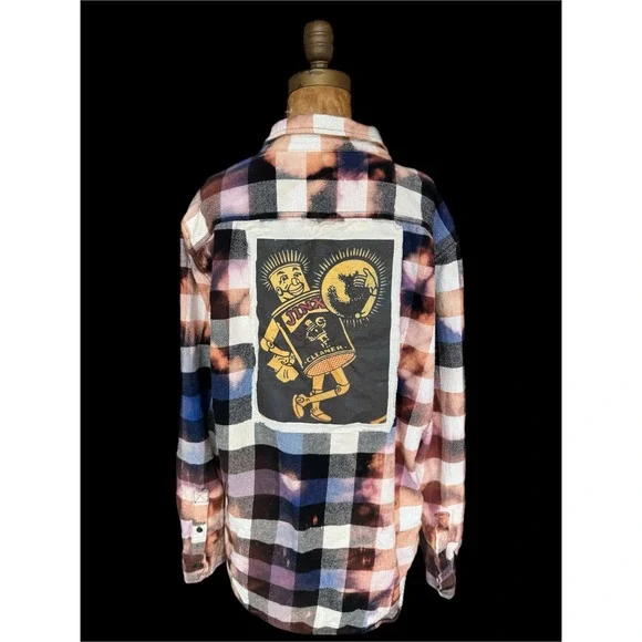 Distressed Upcycled Grunge Flannel Bleach Dye Jinx Patch Folk Art Shirt XL - Picture 3 of 7